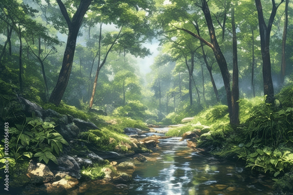 Tranquil Stream Flowing Through Lush Green Forest Tranquil Stream Flowing Through Lush Green Forest