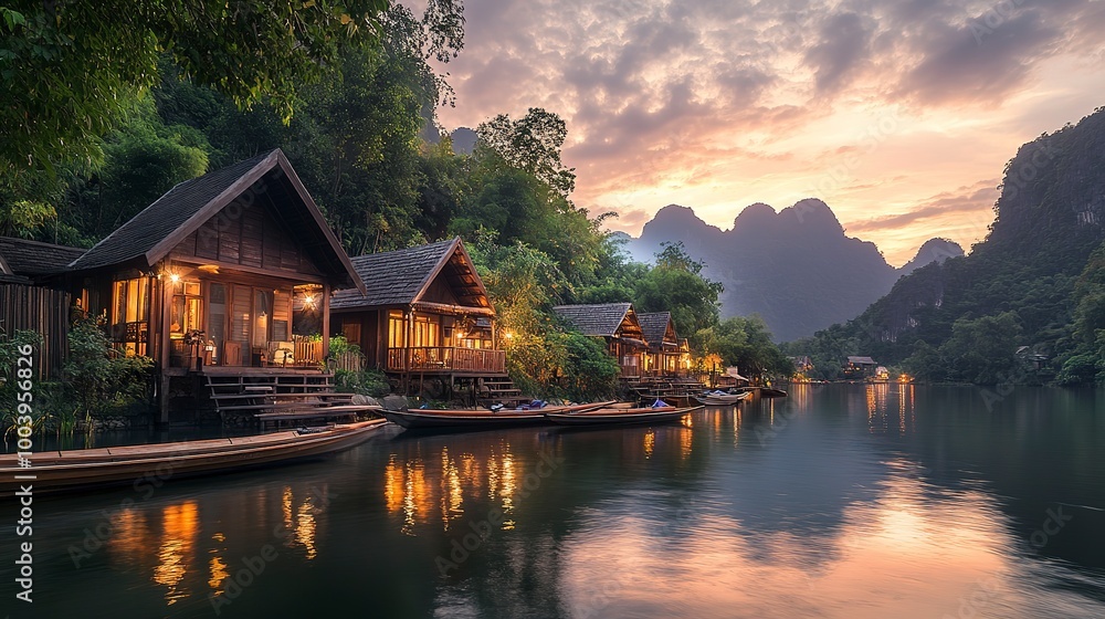 Tranquil riverside retreat with traditional wooden cabins boats and a serene mountain landscape at sunset Idyllic atmospheric scene of natural beauty and peaceful solitude Tranquil riverside retreat with traditional wooden cabins boats and a serene mountain landscape at sunset Idyllic atmospheric scene of natural beauty and peaceful solitude