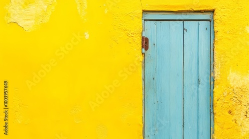Vibrant Yellow Wall with Teal Wooden Door Architectural Detail
