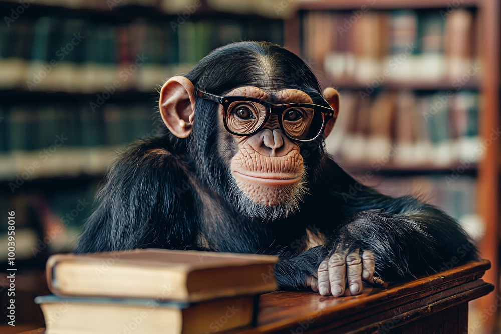 Chimpanzee sitting in the library with a book and glasses Chimpanzee sitting in the library with a book and glasses