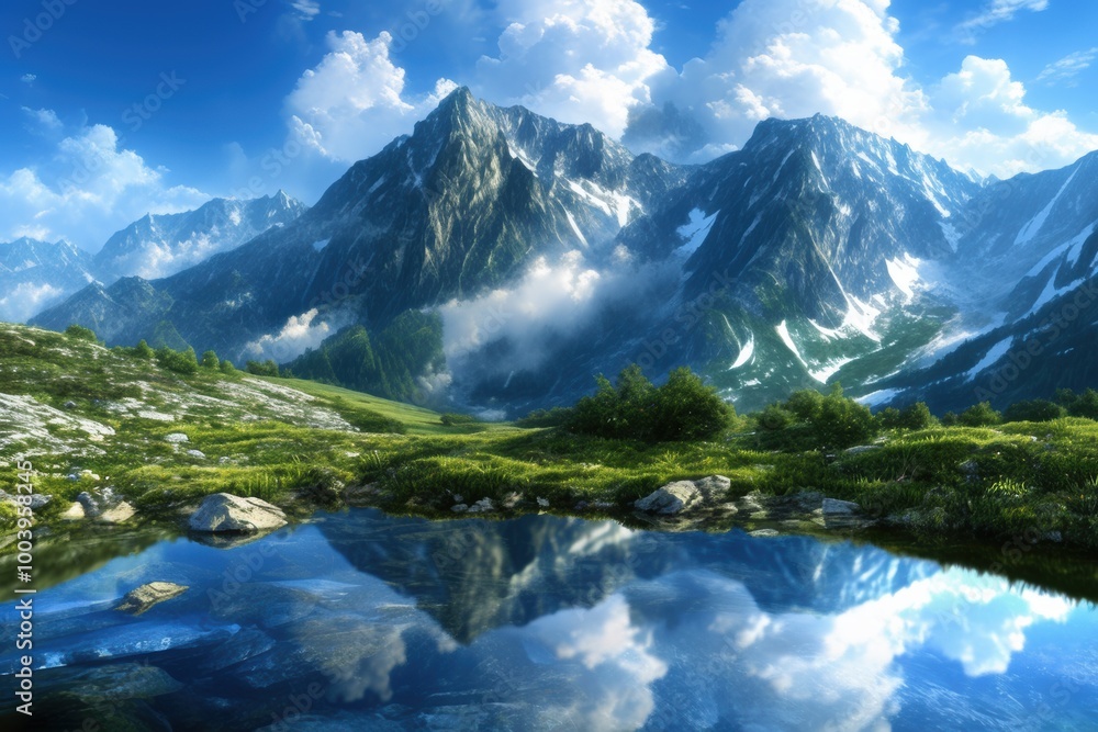 Fototapeta premium Serene Mountain Landscape with Reflective Water
