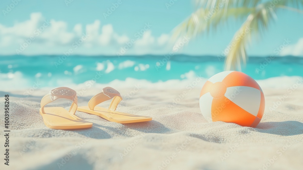 Obraz premium Summer vacation concept: flip-flops, beach ball, and snorkel on the sand. 