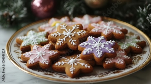 Delightful holiday cookies decorated with pastel icing in festive snowflake shapes arranged on an ornate plate for seasonal enjoyment