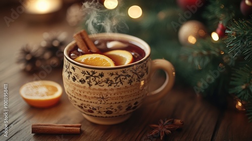 Cozy winter evening with a steaming cup of spiced orange drink amidst festive decorations and warm lights