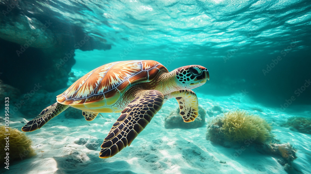 Obraz premium A sea turtle swimming underwater in a turquoise ocean with a sandy bottom and corals in the background, the vibrant shell colors create a stunning contrast with the marine environment