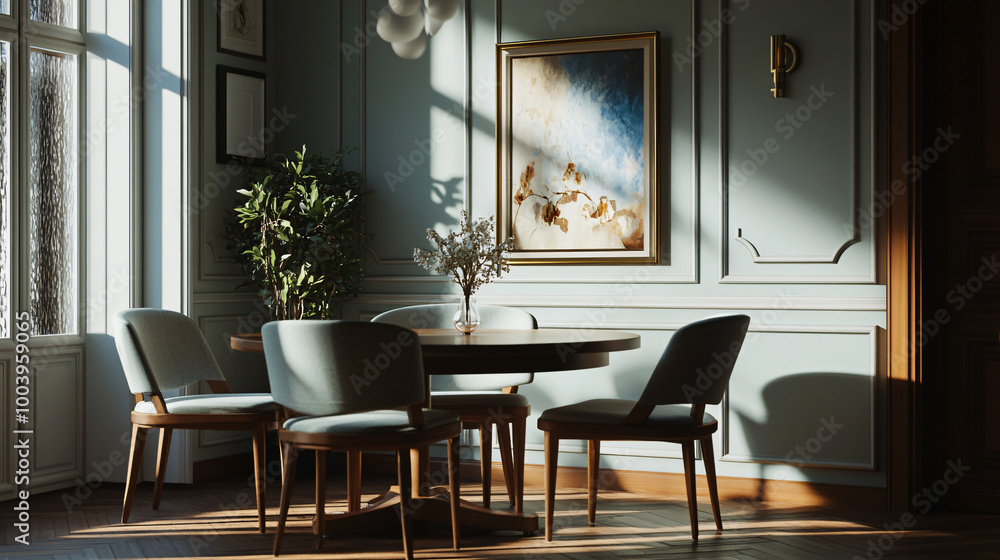 An elegant frame mock-up in a sophisticated dining room, 3D render. An elegant frame mock-up in a sophisticated dining room, 3D render.