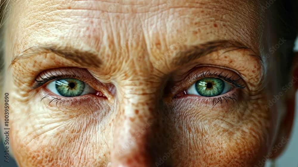 A close-up of a woman's eyes, showing the details of aging skin and wrinkles A close-up of a woman's eyes, showing the details of aging skin and wrinkles