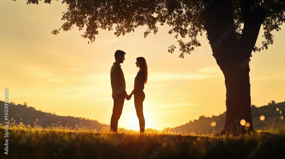 A couple is standing under a tree and holding hands A couple is standing under a tree and holding hands