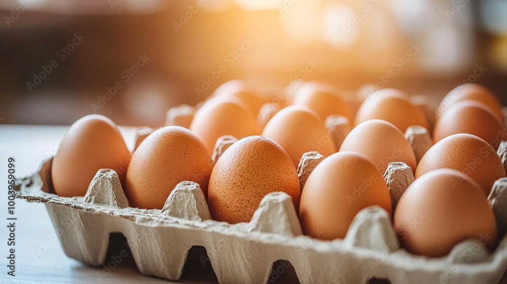 Chicken eggs neatly arranged on egg box. with sunlight in the morning. as background and wallpaper .generative ai Chicken eggs neatly arranged on egg box. with sunlight in the morning. as background and wallpaper .generative ai