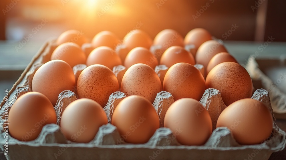 Chicken eggs neatly arranged on egg box. with sunlight in the morning. as background and wallpaper .generative ai Chicken eggs neatly arranged on egg box. with sunlight in the morning. as background and wallpaper .generative ai