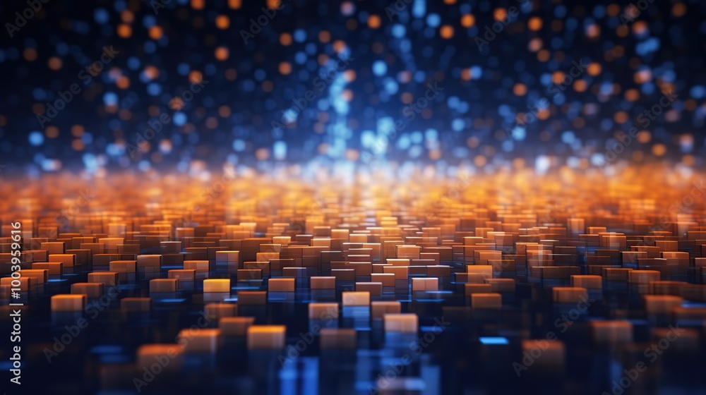Fototapeta premium Abstract 3D Background with Blue and Orange Cubes and Bokeh Lights