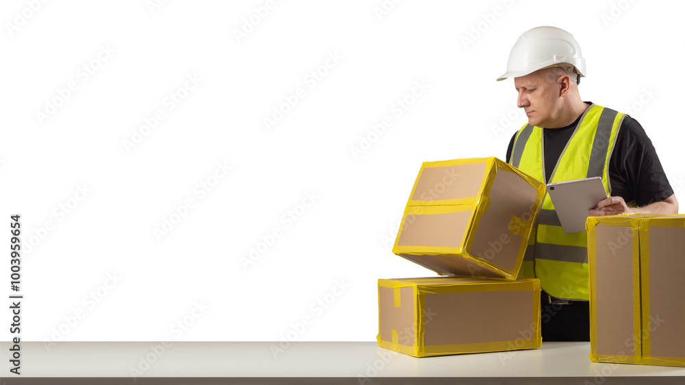 Man with cardboard boxes. Worker holds package and tablet. Packer near table with boxes. Storekeeper with parcels on white. Warehouse worker in helmet. Storekeeper accepts delivered goods. Copy space Man with cardboard boxes. Worker holds package and tablet. Packer near table with boxes. Storekeeper with parcels on white. Warehouse worker in helmet. Storekeeper accepts delivered goods. Copy space