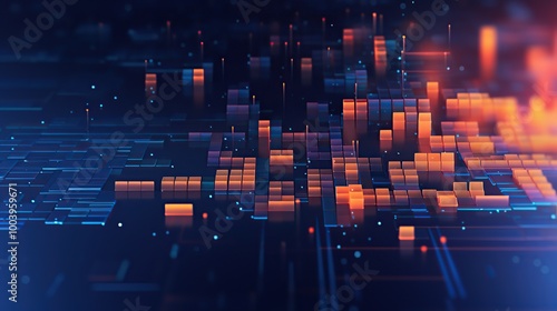 Abstract 3D Render of Data Network with Glowing Blue Lines and Orange Cubes. Digital Technology, Cyberspace Concept