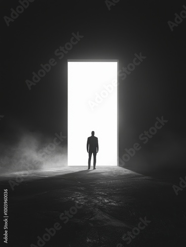 Man silhouetted in front of a bright, open doorway in a vast. Symbolizing opportunity, and new beginnings, making it ideal for themes of decision-making, life transitions, and personal growth.