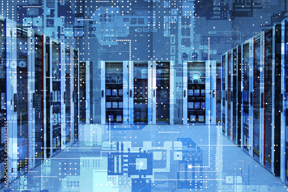 Obraz premium Server equipment. Big data processing technologies. Server room with virtual elements. Data center. Cloud information storage location. Development of server technologies. 3d image.