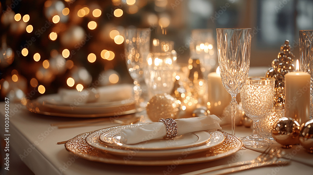 Golden themed New Year table setting with crystal glassware Golden themed New Year table setting with crystal glassware