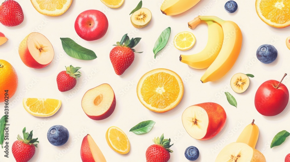 A vibrant food pattern featuring a variety of colorful fruits such as oranges, strawberries, bananas, and apples A vibrant food pattern featuring a variety of colorful fruits such as oranges, strawberries, bananas, and apples