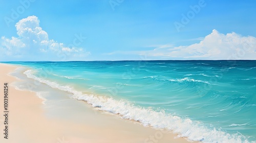 Serene Beach with Turquoise Waters and Clear Sky, The serene scene of a beach with gentle turquoise waters under a clear sky invokes a feeling of peace and relaxation. 