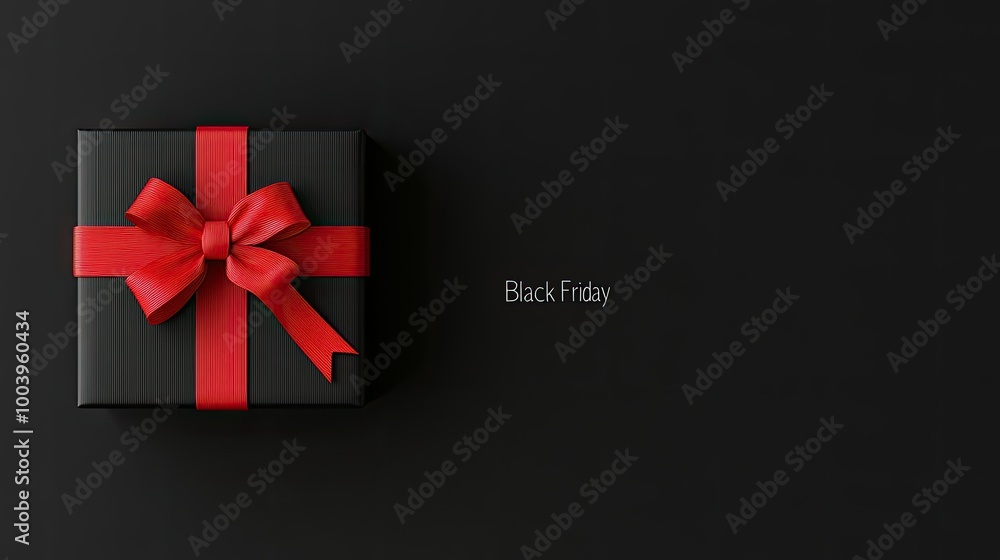A stylish black gift box adorned with a bright red ribbon and bow sits against a dark backdrop, representing the excitement of Black Friday shopping and special offers A stylish black gift box adorned with a bright red ribbon and bow sits against a dark backdrop, representing the excitement of Black Friday shopping and special offers
