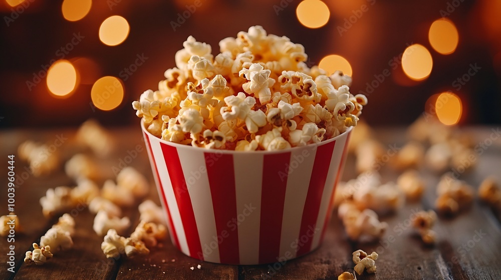 A bowl of popcorn with a red and white striped pattern on a wooden table, with a blurred background of warm lights. A bowl of popcorn with a red and white striped pattern on a wooden table, with a blurred background of warm lights.