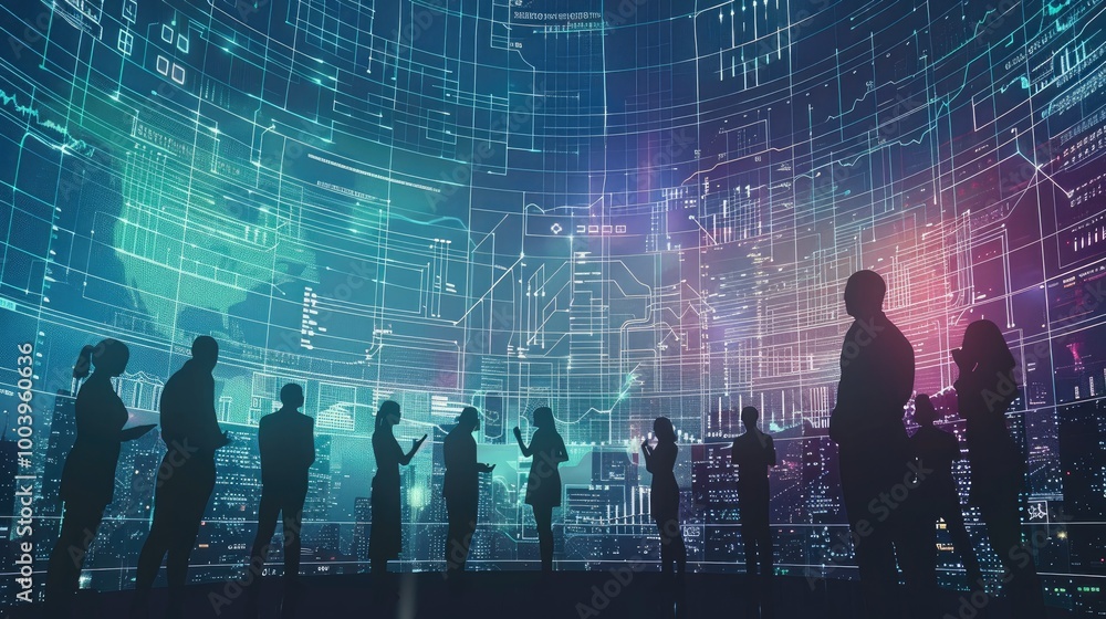 Fototapeta premium A group of silhouettes working together, with a large financial graph or data chart in the center. The chart represents growth, collaboration. Digital elements like lines, numbers, and graphs.