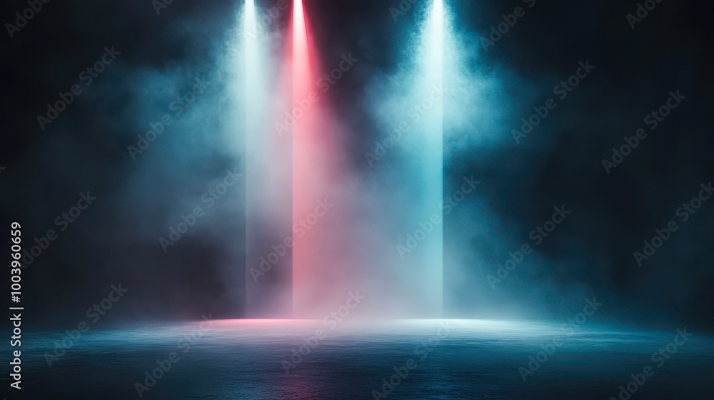 A dramatic scene featuring blue and red lights piercing through mist, creating an atmospheric backdrop perfect for music events, theatrical performances, or artistic projects A dramatic scene featuring blue and red lights piercing through mist, creating an atmospheric backdrop perfect for music events, theatrical performances, or artistic projects