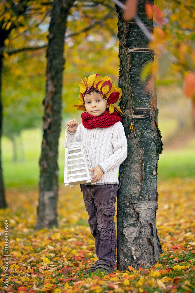 Adorable little child, blond boy with crown from leaves in park on autumn day. Adorable little child, blond boy with crown from leaves in park on autumn day.