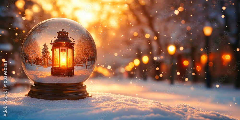 Enchanting snow globe capturing a lantern in a snowy park at sunset, with glowing lights and falling snow. Enchanting snow globe capturing a lantern in a snowy park at sunset, with glowing lights and falling snow.