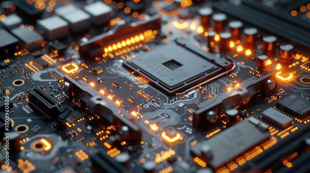 Close-up of an illuminated computer motherboard showcasing intricate circuitry and glowing components, representing high-tech hardware concepts. Close-up of an illuminated computer motherboard showcasing intricate circuitry and glowing components, representing high-tech hardware concepts.