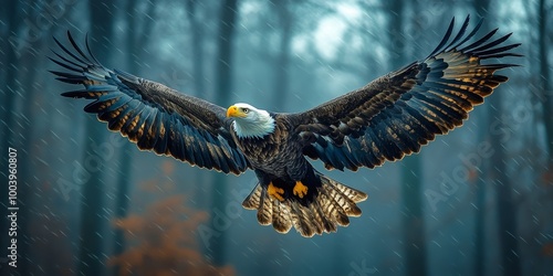 Majestic bald eagle spreading its wings mid-flight in a dark, misty forest.