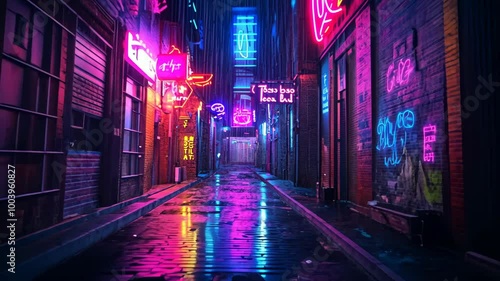 A narrow, wet alleyway in a city at night, lined with brick buildings and glowing neon signs