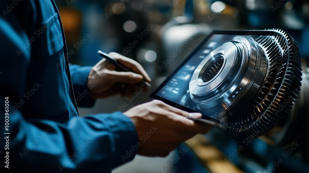 Technician examining turbine component using a tablet in an industrial workshop during a quality check Technician examining turbine component using a tablet in an industrial workshop during a quality check