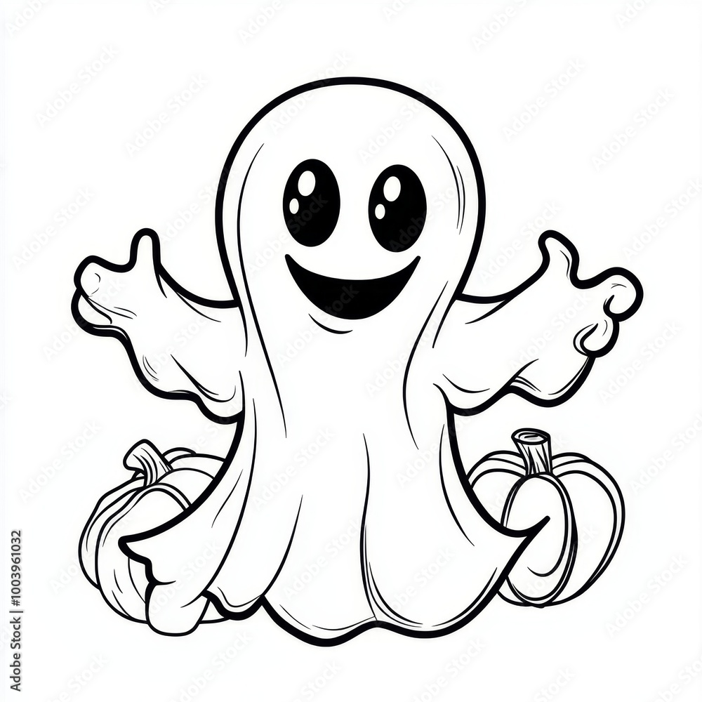 Obraz premium Enjoyable friendly ghost coloring page for children featuring pumpkins for Halloween fun