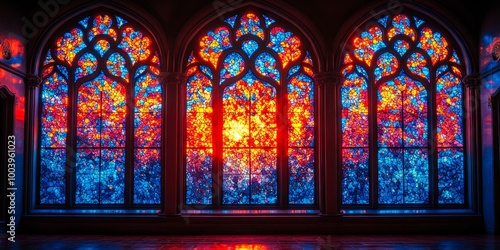 Gothic cathedral stained glass windows with vibrant red and blue hues beautifully illuminated by sunlight.