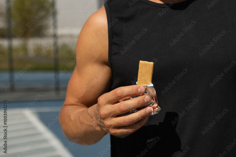 Sports man eating energy bar. Muscular athlete snacks on protein bar while resting after workout at stadium. Healthy protein snack or energy bar, fitness dieting food for sporty lifestyle.