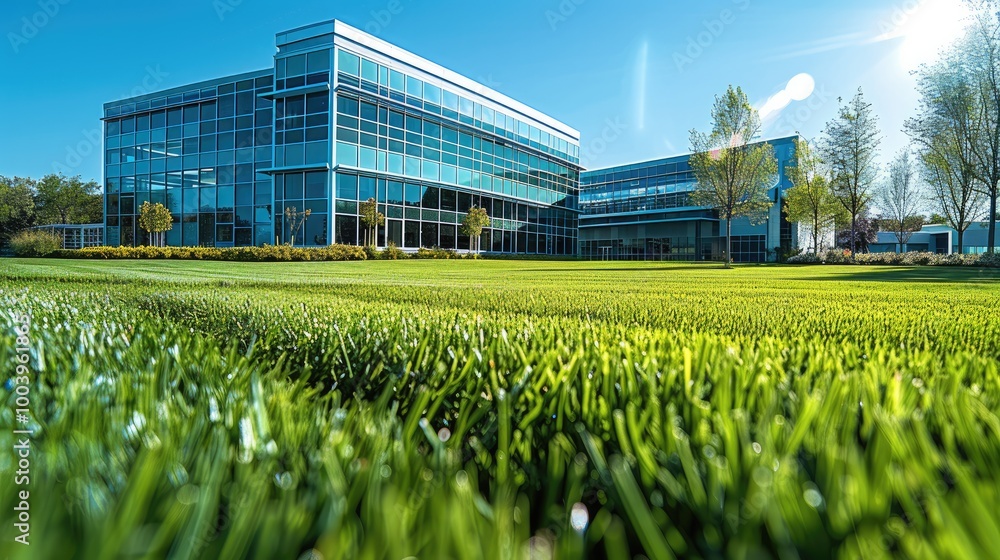 An important company building in the background, foreground of a nice short cut grass on a sunny blue sky day. An important company building in the background, foreground of a nice short cut grass on a sunny blue sky day.