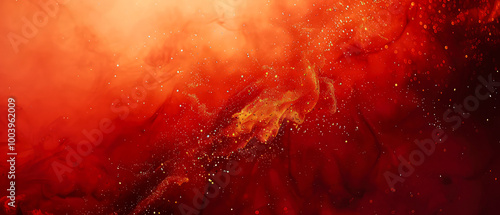 Red Christmas abstract background. Glowing background with golden dust, sparkles, shimmer, particles. New year mockup for celebrating. Generative ai