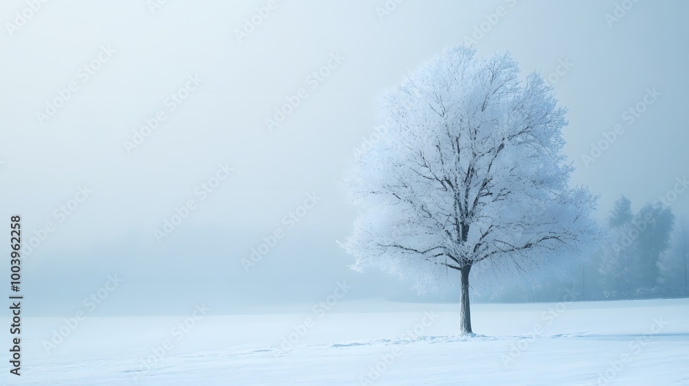 A Solitary Frost-Covered Tree in a Snowy Field A Solitary Frost-Covered Tree in a Snowy Field