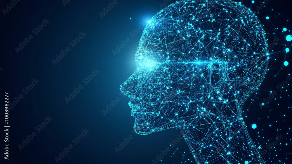 Obraz premium Artificial intelligence concept illustration featuring a head with a cybernetic digital brain. Neural network linked to a virtual interface in a futuristic cyberpunk style, showcasing a computer and m