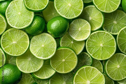 Fresh juicy lime slices as background, top view .generative ai