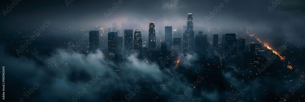 Obraz premium Dark industrial landscape with thick smog ,smoke billowing from factory chimneys,highlighting air pollution and environmental issues. Ecological campaigns and urban decay themes background. Generative