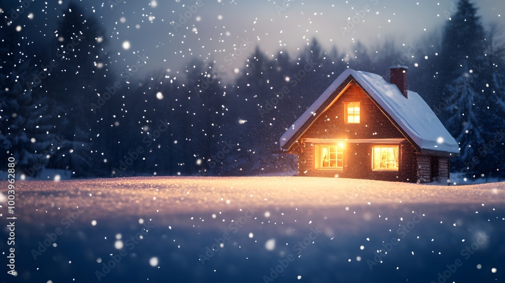 Fototapeta premium A Cozy Cabin Illuminated in a Snowy Forest at Night