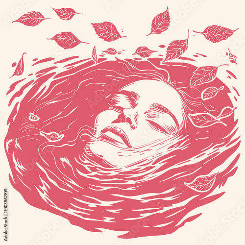 Young woman in a stream of water and leaves, vector illustration