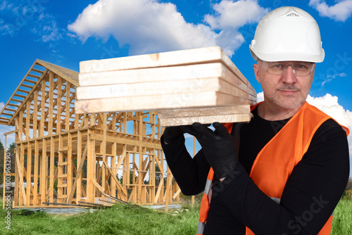 Man builder. Boards in hand...