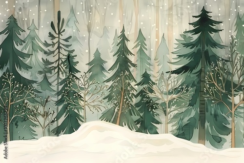 A tranquil winter wonderland with snow-laden trees under falling snowflakes, Christmas, winter, xmas, illustration photo