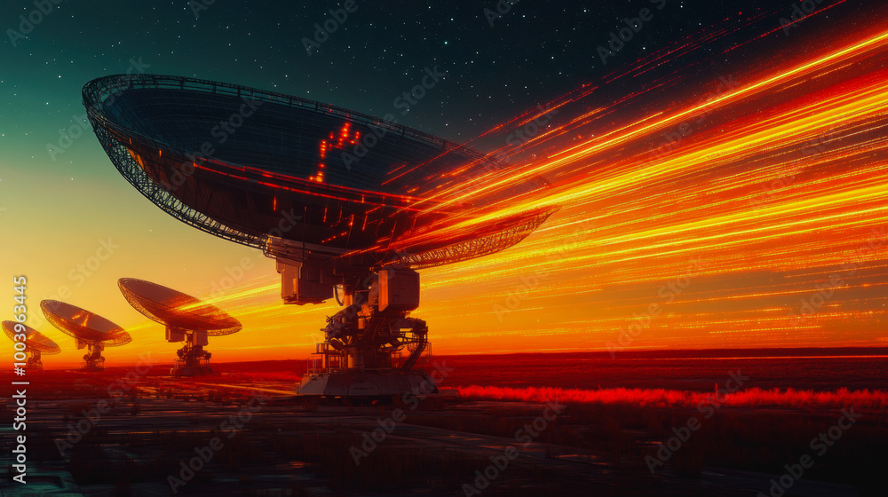 Vibrant futuristic twilight scene with satellite, light beams, and a starry sky Vibrant futuristic twilight scene with satellite, light beams, and a starry sky