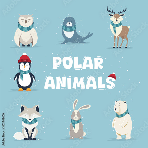 Cute polar animals wearing scarves in winter. Cartoon illustration of owl, seal, penguin, deer, arctic fox, hare, and polar bear. Winter and wildlife concept for design and print.
