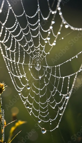 spider web with water droplets against a blurred outdoor background