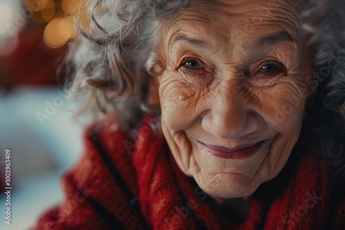 An elderly person smiling warmly, possibly during a holiday season or family gathering.