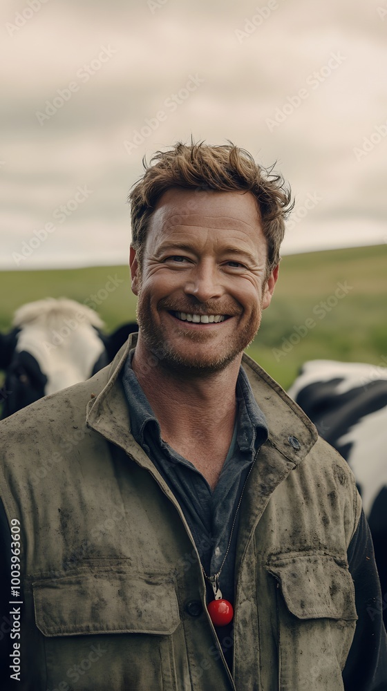 Attractive man in his thirties, smiling and standing on a farm with cows behind him Attractive man in his thirties, smiling and standing on a farm with cows behind him